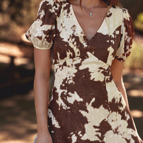 Multicolor Boho Women's Satin Cow Print V Neck Mini Dress - Picture 5 of 5